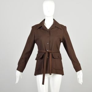 Medium 1970s Brown Wool Belted Shirt Long Sleeve Button Up Jacket