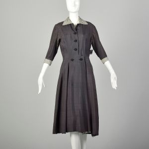 S/M | 1950s Gray Sailor Dress w/Stripe Collar and Cuffs | Damaged As-Is For Study or Pattern