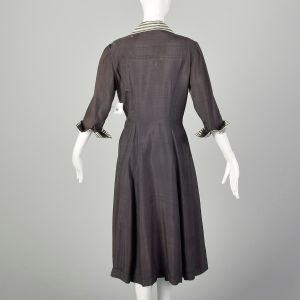 S/M | 1950s Gray Sailor Dress w/Stripe Collar and Cuffs | Damaged As-Is For Study or Pattern - Fashionconservatory.com