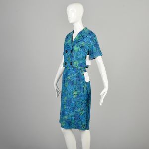 Small 1950s Skirt Set Pencil Skirt Jacket Top Blue Green Abstract Print Set  - Fashionconservatory.com