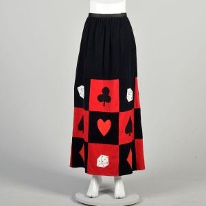 XXXL 1970s Red Black Skirt Patchwork Corduroy Playing Cards Suits Las Vegas Gambling Novelty Maxi 