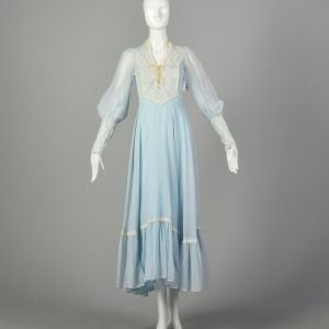 XXS | Pastel Light Blue 1970s Boho Long Sleeve Maxi Dress by Gunne Sax by Jessica