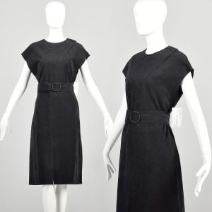 XL 1970s LBD Black Ultrasuede Dress Belted Knee Length Classic Dress