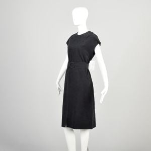 XL 1970s LBD Black Ultrasuede Dress Belted Knee Length Classic Dress - Fashionconservatory.com