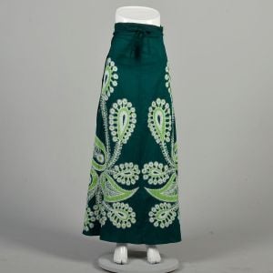 OSFM 1990s Green Skirt Silver Chain Stitch Embroidery Batik Paisley Hippie Beach Cotton Wrap Maxi 