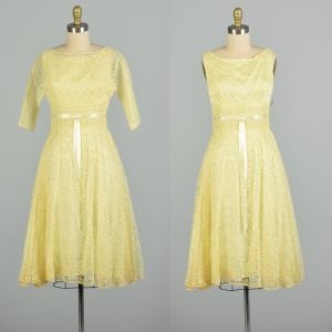 Small 1960s Yellow Lace 2pc Set Crop Top Sleeveless Garden Party Day Dress