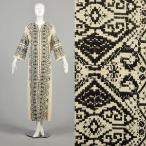 Medium 1970s Cream and Black Embroidered Kaftan Dress