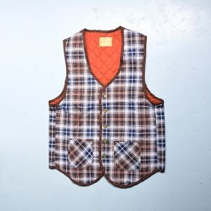 Small 1970s Mens Vest Brown Blue Orange Plaid Quilted Lining Lightweight Outerwear 