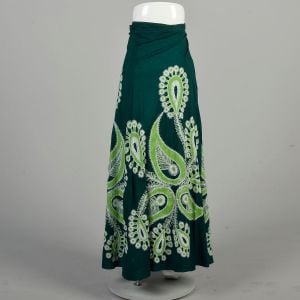 OSFM 1990s Green Skirt Silver Chain Stitch Embroidery Batik Paisley Hippie Beach Cotton Wrap Maxi  - Fashionconservatory.com