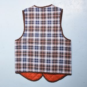 Small 1970s Mens Vest Brown Blue Orange Plaid Quilted Lining Lightweight Outerwear  - Fashionconservatory.com