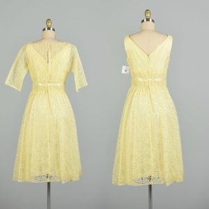 Small 1960s Yellow Lace 2pc Set Crop Top Sleeveless Garden Party Day Dress - Fashionconservatory.com