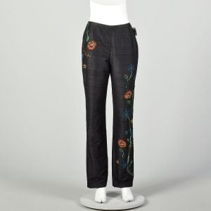 Small 1990s Pants Black Silk Beaded - Fashionconservatory.com