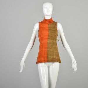 Large 2000s Sleeveless Turtleneck Sweater Top Wool Orange Green Color Block Marbled