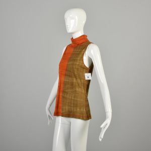 Large 2000s Sleeveless Turtleneck Sweater Top Wool Orange Green Color Block Marbled - Fashionconservatory.com