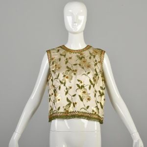 Medium 1960s Beaded Silk Shell Shirt Sleeveless Top Metallic Gold Formal Wear