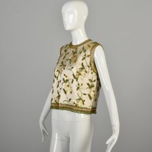 Medium 1960s Beaded Silk Shell Shirt Sleeveless Top Metallic Gold Formal Wear - Fashionconservatory.com