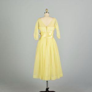 Medium 1950s Lemon Yellow Semi-Sheer Cummerbund Long Sleeve Evening Party Prom Dress - Fashionconservatory.com
