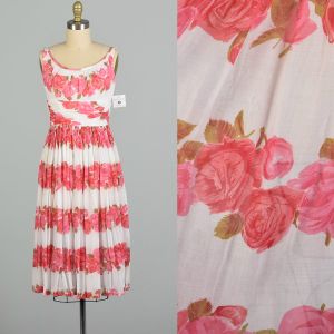 XXS 1950s Sleeveless Pink Novelty Rose Print Summer Cotton Dress