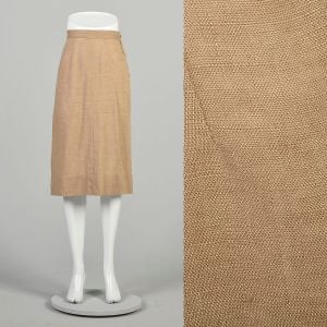 XS 1950s Linen Skirt Solid Beige Tan Straight Knee Length Office Business Casual Classic Skirt  
