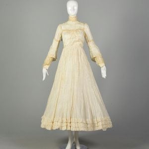 XXS 1900s Edwardian Tissue Silk Dress Ivory Lace Embroidery