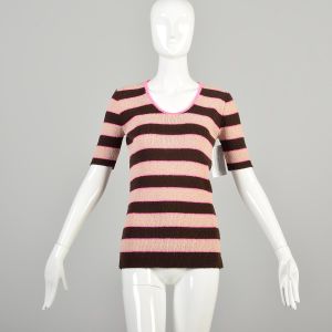 Medium 1970s Pink and Brown Striped Sweater Top Short Sleeve Stretchy
