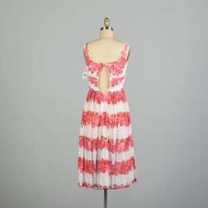 XXS 1950s Sleeveless Pink Novelty Rose Print Summer Cotton Dress - Fashionconservatory.com