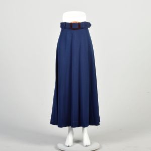 Small 1970s Navy Blue Skirt Polyester Knit Large Mod Plastic Orange Belt Buckle A Line Maxi 