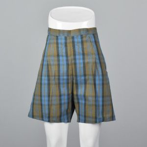 XS 1950s Plaid Shorts Side Zip Brown Blue Stripe Flare Leg Summer High Waist Rockabilly