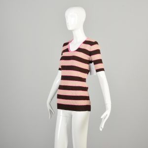 Medium 1970s Pink and Brown Striped Sweater Top Short Sleeve Stretchy - Fashionconservatory.com