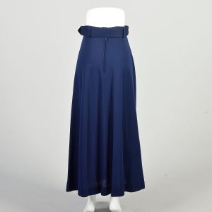 Small 1970s Navy Blue Skirt Polyester Knit Large Mod Plastic Orange Belt Buckle A Line Maxi  - Fashionconservatory.com
