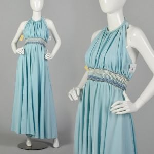 XXS 1960s Jumpsuit Baby Blue Halter Top Palazzo Wide Leg Pants Beaded Evening