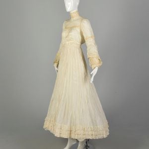 XXS 1900s Edwardian Tissue Silk Dress Ivory Lace Embroidery - Fashionconservatory.com