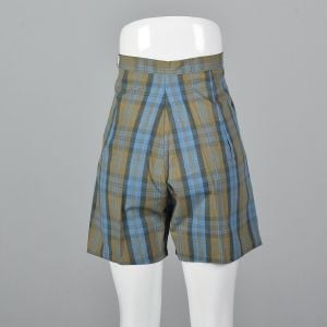 XS 1950s Plaid Shorts Side Zip Brown Blue Stripe Flare Leg Summer High Waist Rockabilly - Fashionconservatory.com