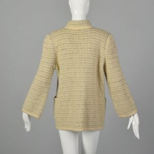 Large 1980s Cardigan Jacket Cream and Gray Loose Knit Winter Weight Sweater Coat  - Fashionconservatory.com