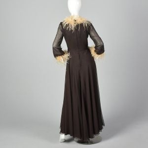Small 1970s Brown Jumpsuit Feather Trimmed Huge Palazzo Legs Wide Leg Long Sleeve Party Outfit - Fashionconservatory.com