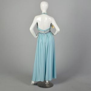 XXS 1960s Jumpsuit Baby Blue Halter Top Palazzo Wide Leg Pants Beaded Evening - Fashionconservatory.com