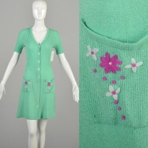 Small 1970s Mint Green Sweater Dress Mini Buttoned Ribbed Knit Pockets Embroidered Flower Dress 