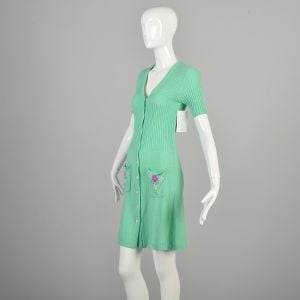 Small 1970s Mint Green Sweater Dress Mini Buttoned Ribbed Knit Pockets Embroidered Flower Dress  - Fashionconservatory.com