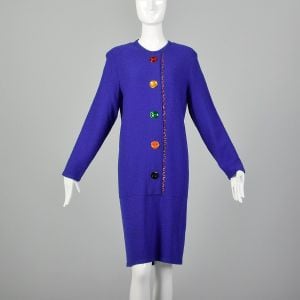 XL Cobalt Blue Dress 1980s Long Sleeve Knit Rainbow Buttons 