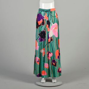Large 1970s Poppy Skirt Green Pink Purple Orange Dots Psychedelic Silky Maxi Skirt 