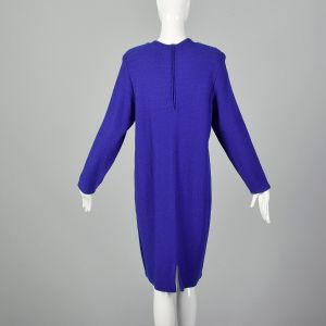 XL Cobalt Blue Dress 1980s Long Sleeve Knit Rainbow Buttons  - Fashionconservatory.com