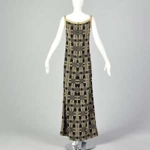 1970s Pierre Balmain Formal Black Maxi Dress with Geometric Gold Lurex Design - Fashionconservatory.com