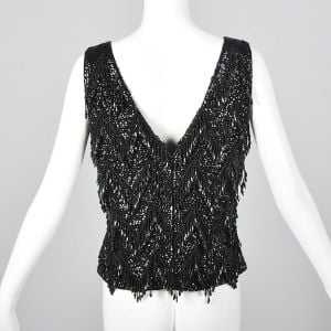 Medium 1960s Top Black Beaded Fringe Blouse Wool Sweater Tank New Years Party Blouse - Fashionconservatory.com