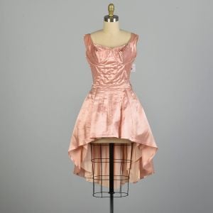 XS 1940s Pink Satin Peplum Top Hi-Lo Hourglass Over Dress Old Hollywood Glamorous Bobshell 