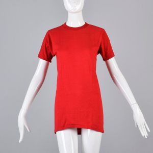 Small Red T-Shirt 1970s Ribbed Knit Top Slim Tight Fitting Short Sleeve Baby Tee