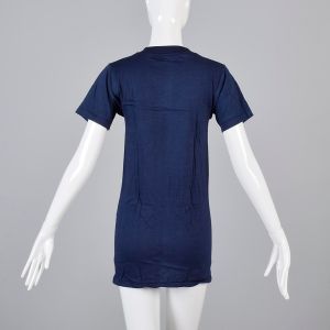 Small Navy Blue T-Shirt 1970s Short Sleeve Unisex Ribbed Knit Trim Top Slim Tight Fitting Cotton Tee - Fashionconservatory.com
