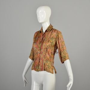 Large 1950s  Silky Blouse Detailed Print Short Sleeve Paisley Floral Collared Blouse Top  - Fashionconservatory.com