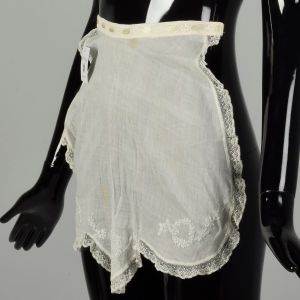 OSFM | 1900s White Cotton Pin On Half-Apron w/Embroidery | As-Is Damaged - Fashionconservatory.com