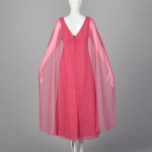 Medium 1970s Hot Pink Midi Dress Empire Waist Sleeveless Chiffon Cape  - Fashionconservatory.com