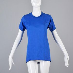 Small Blue T-Shirt 1970s Unisex Ribbed Knit Trim Top Slim Tight Fitting Tee